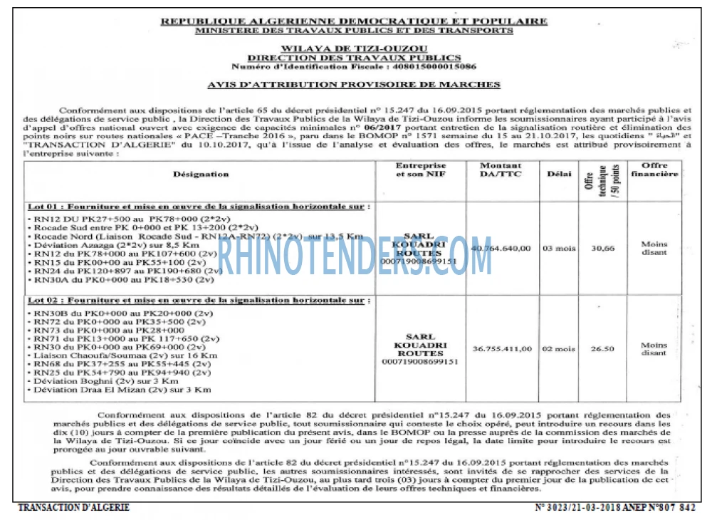 TRANSACTION D'ALGERIE