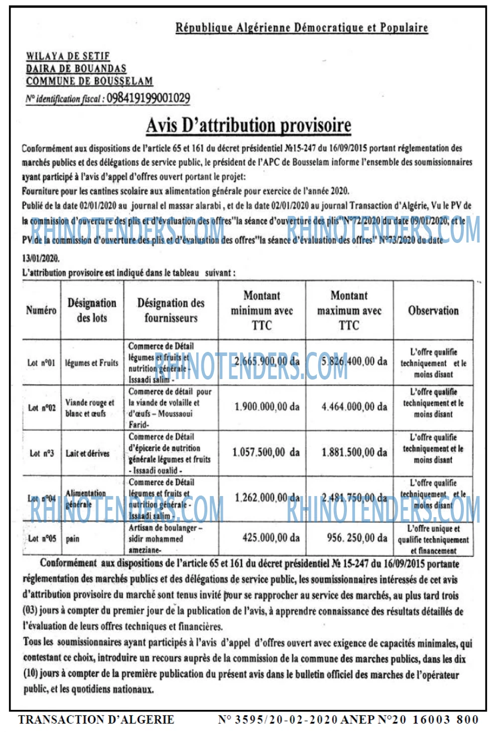 TRANSACTION D'ALGERIE