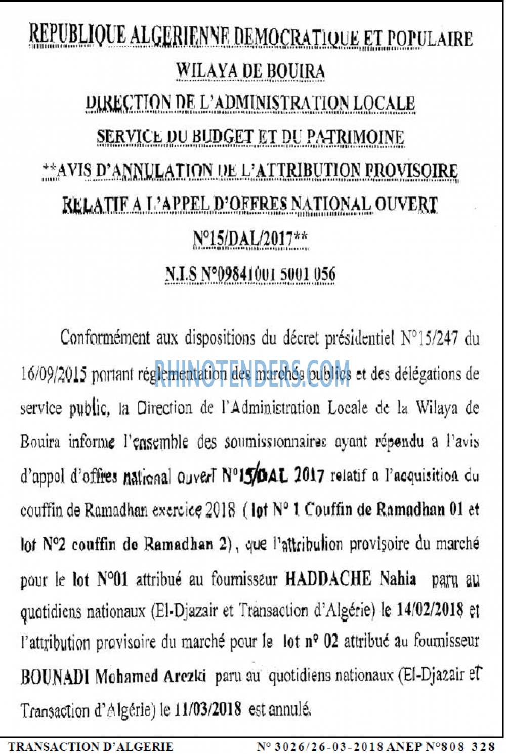 TRANSACTION D'ALGERIE