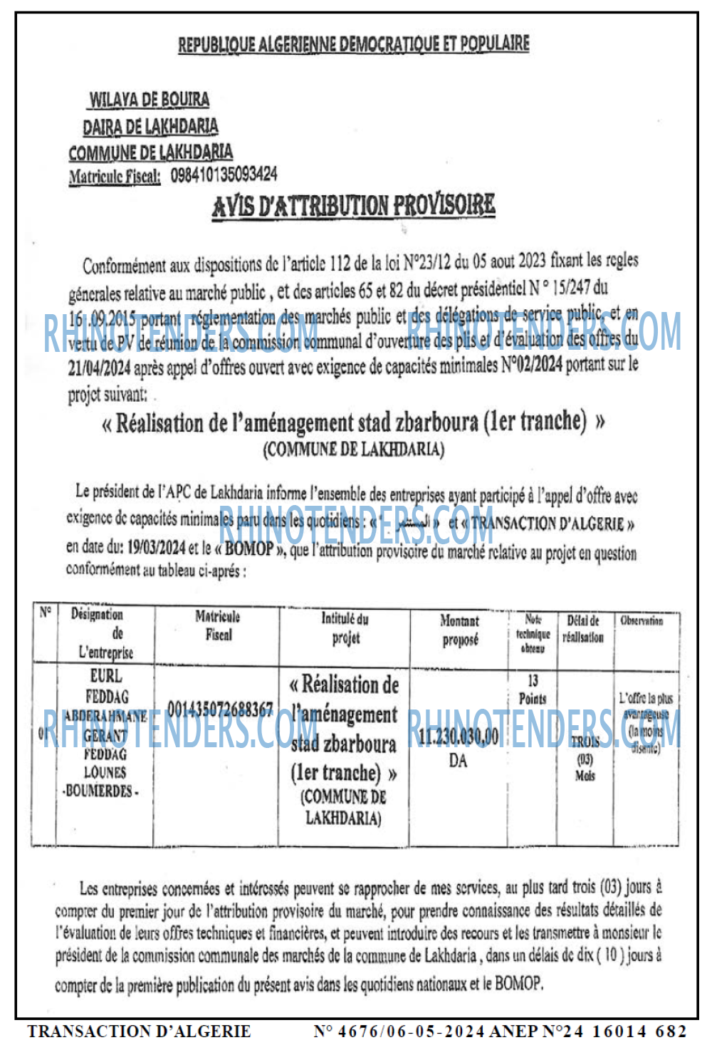 TRANSACTION D'ALGERIE