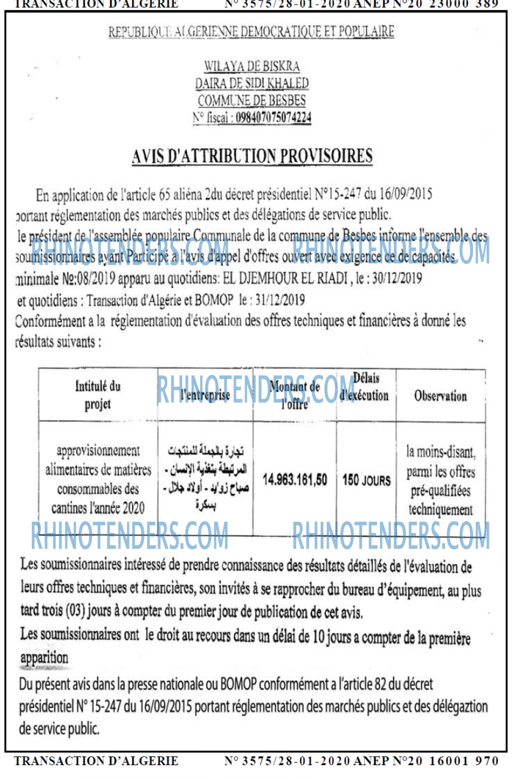 TRANSACTION D'ALGERIE
