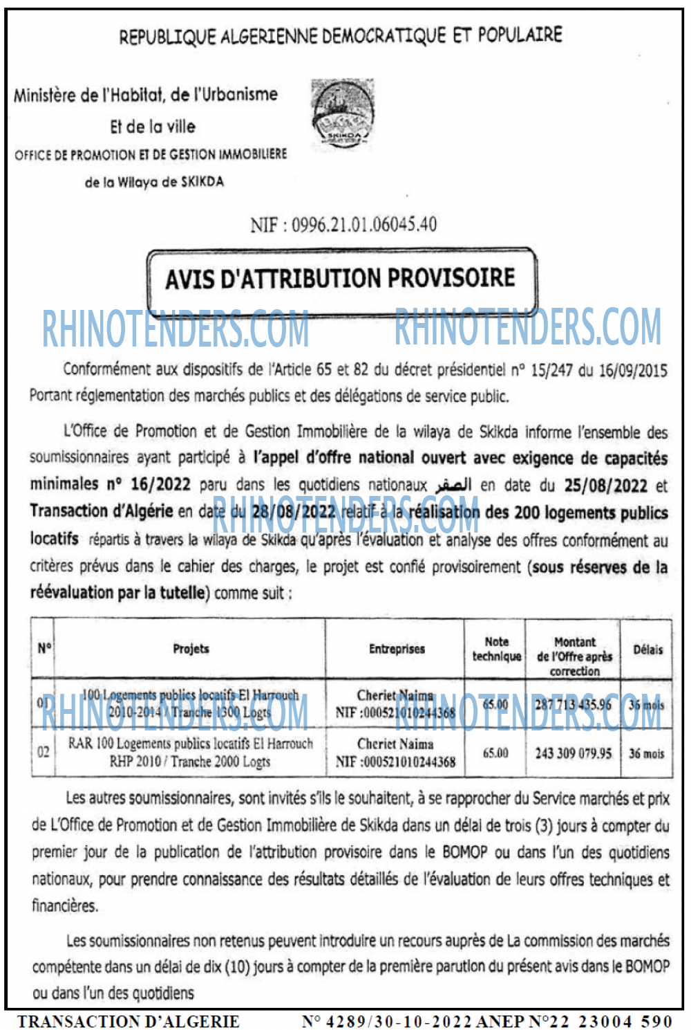 TRANSACTION D'ALGERIE