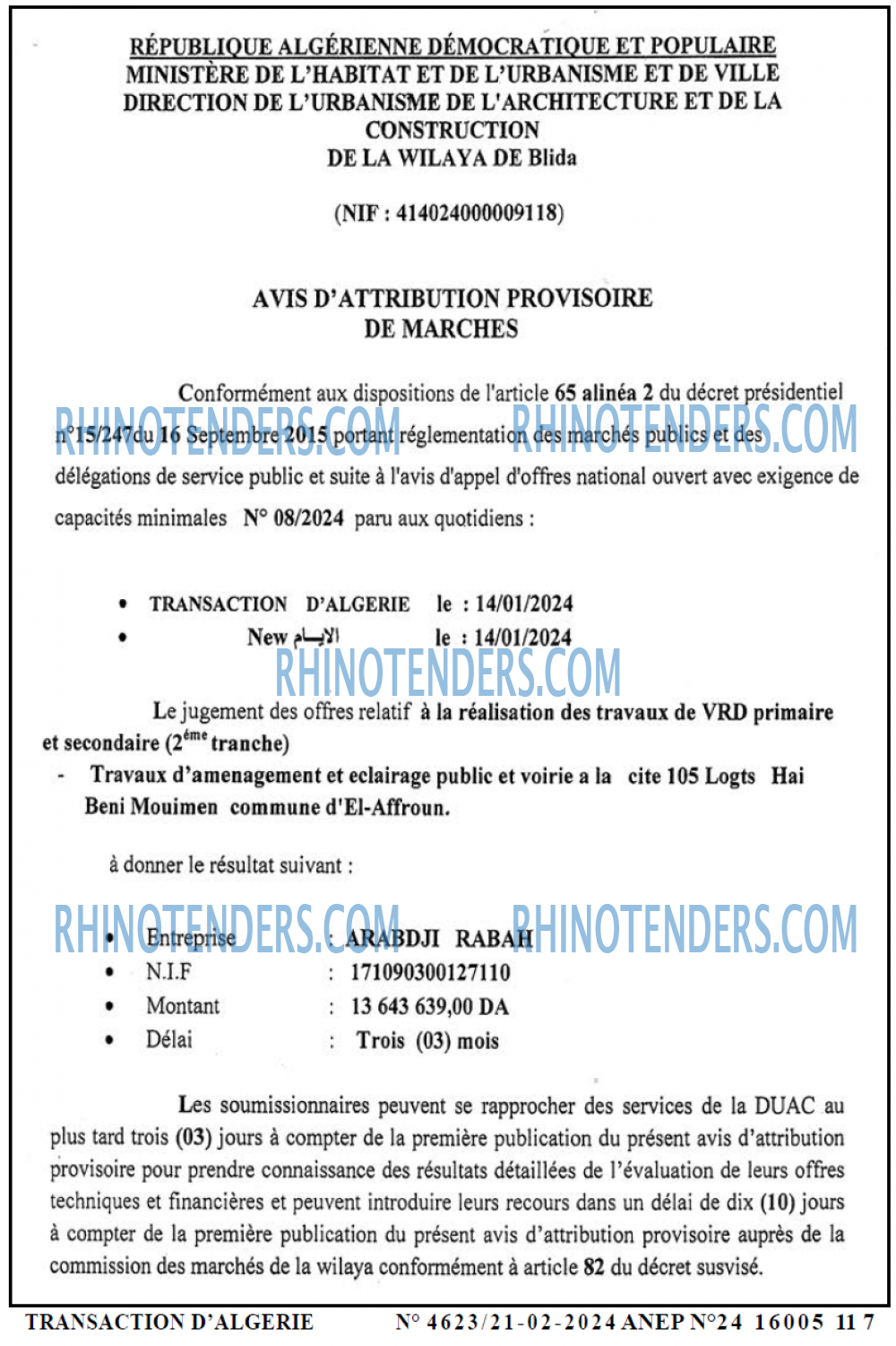 TRANSACTION D'ALGERIE