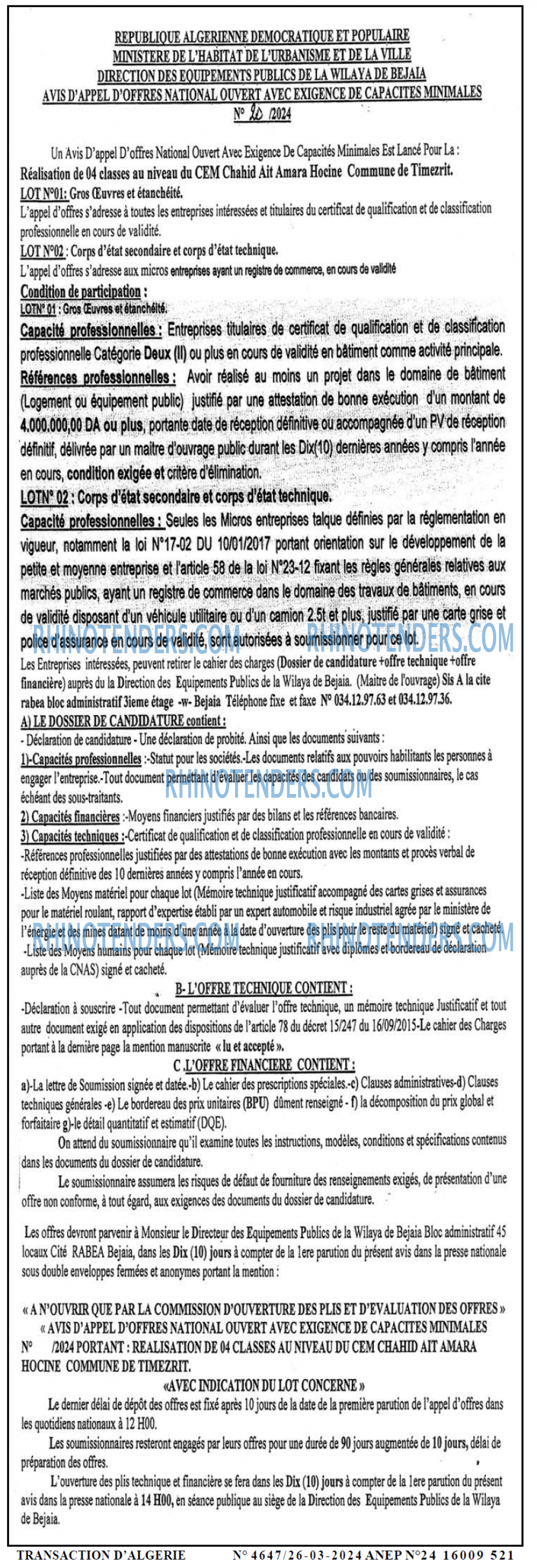 TRANSACTION D'ALGERIE