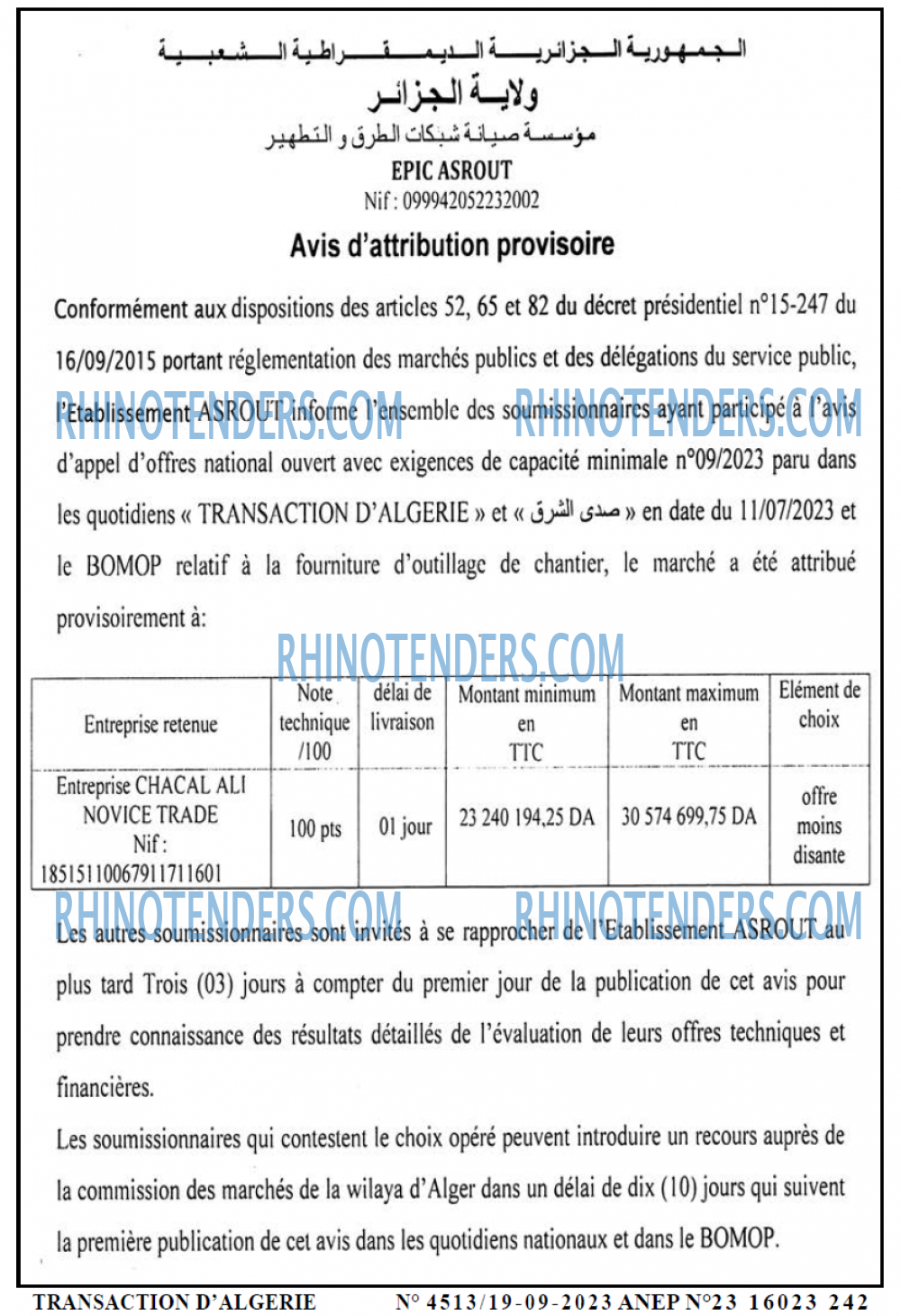 TRANSACTION D'ALGERIE