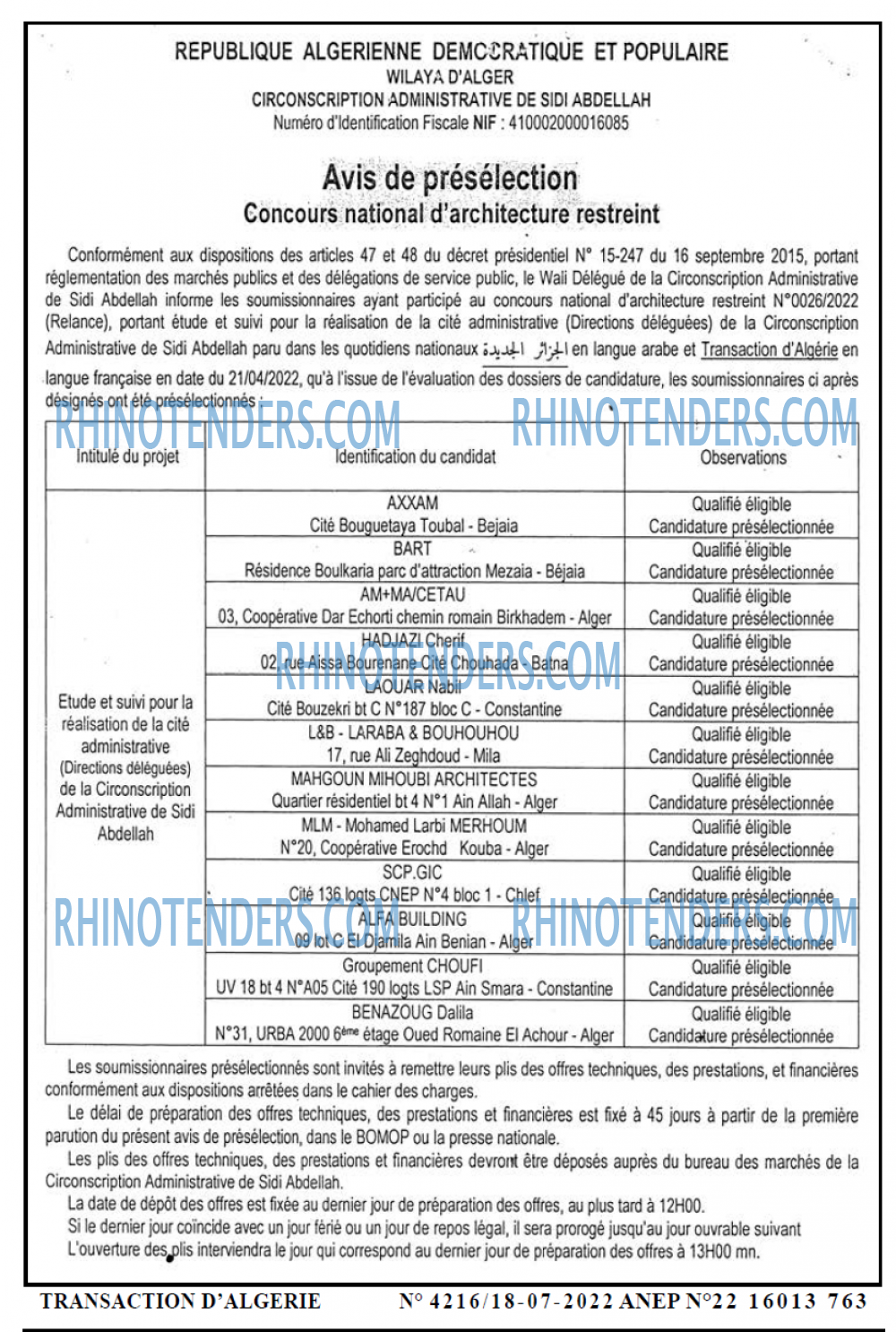 TRANSACTION D'ALGERIE