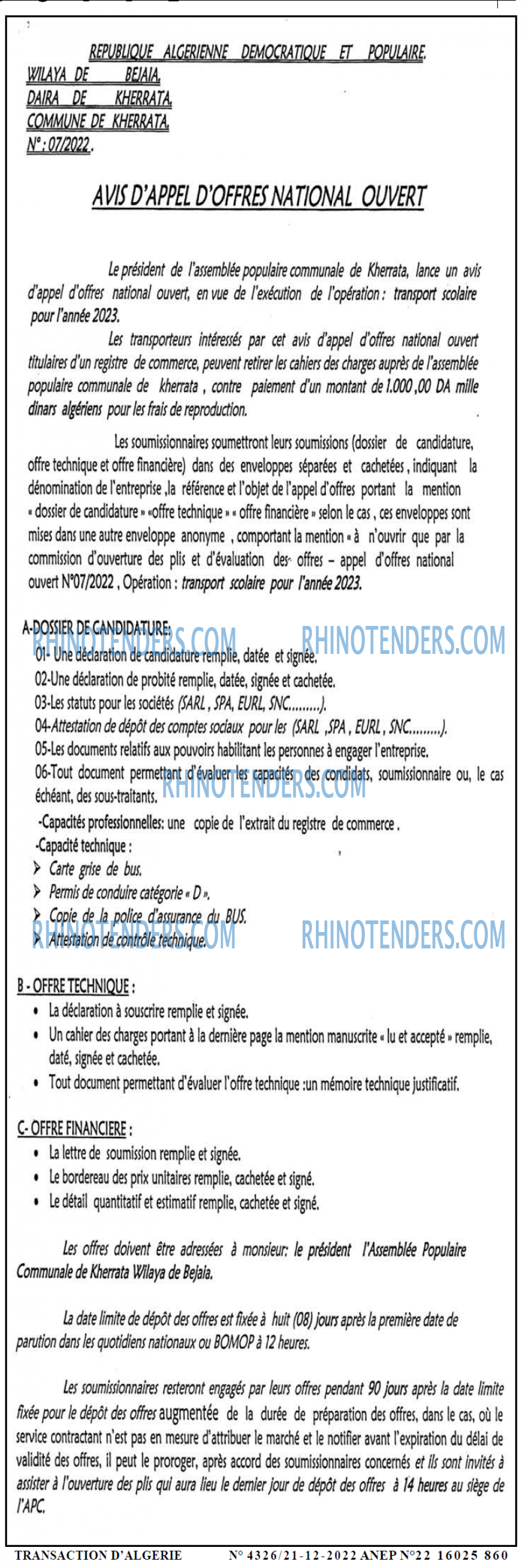 TRANSACTION D'ALGERIE