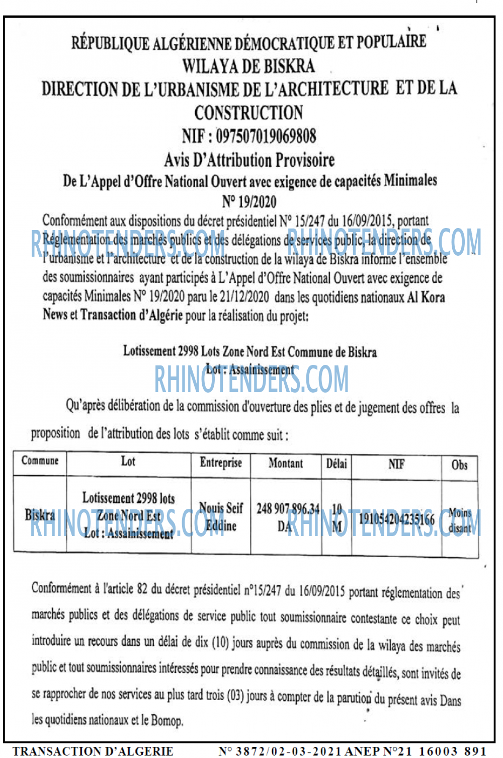 TRANSACTION D'ALGERIE
