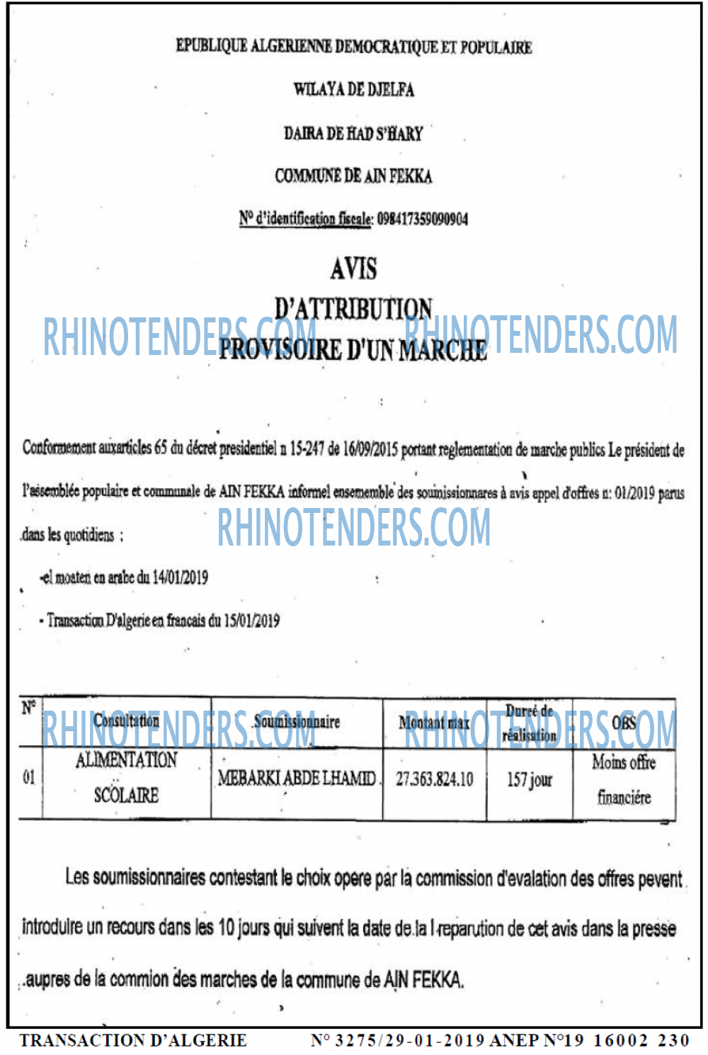 TRANSACTION D'ALGERIE