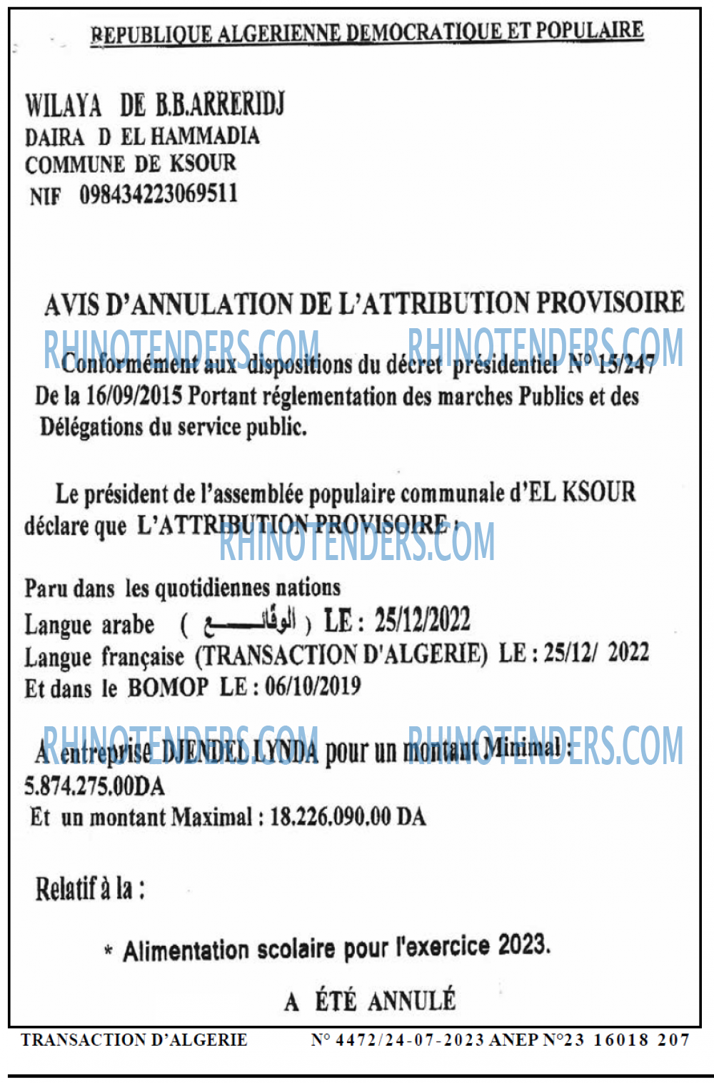 TRANSACTION D'ALGERIE