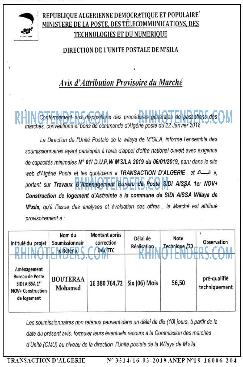 TRANSACTION D'ALGERIE