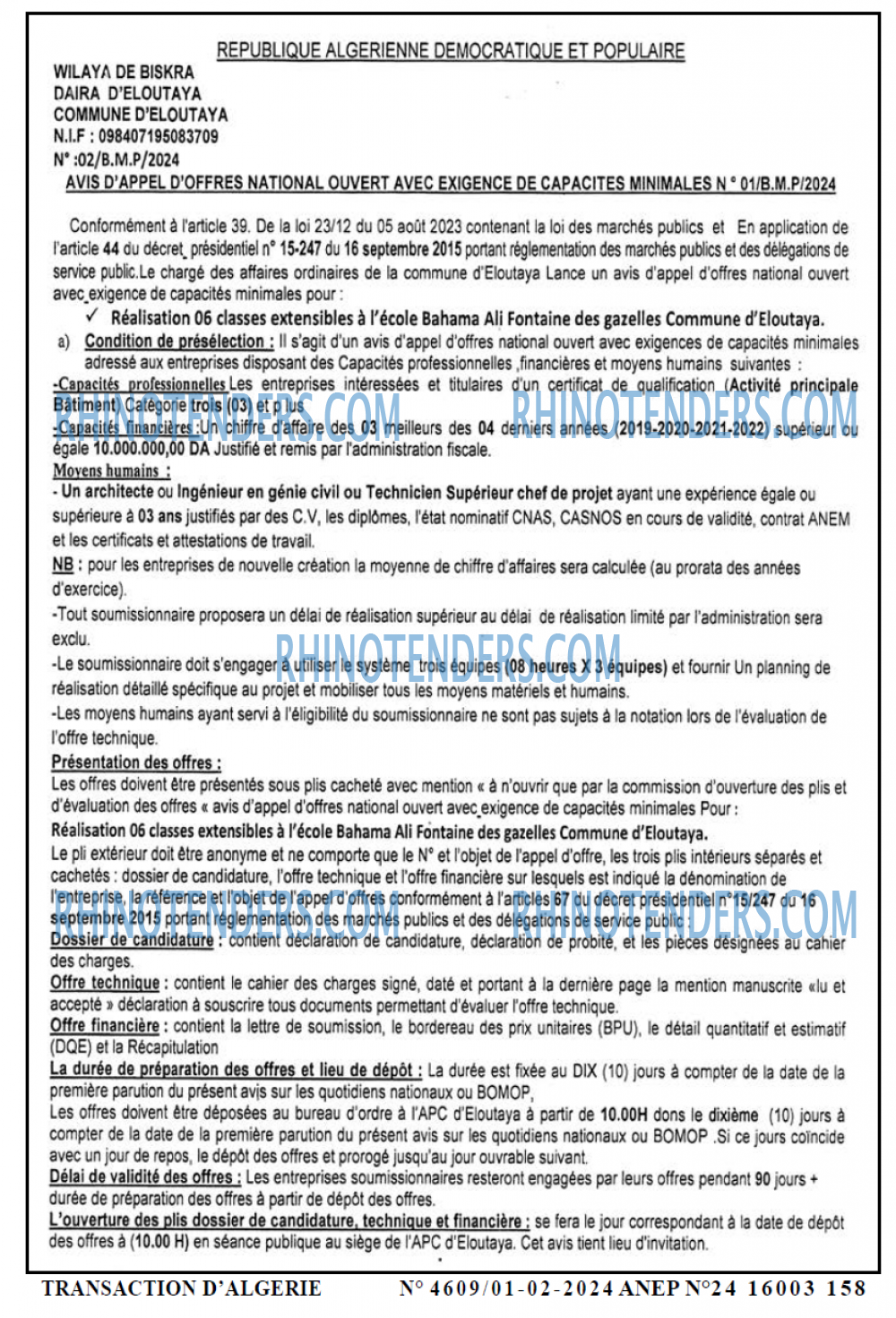 TRANSACTION D'ALGERIE