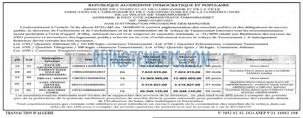 TRANSACTION D'ALGERIE