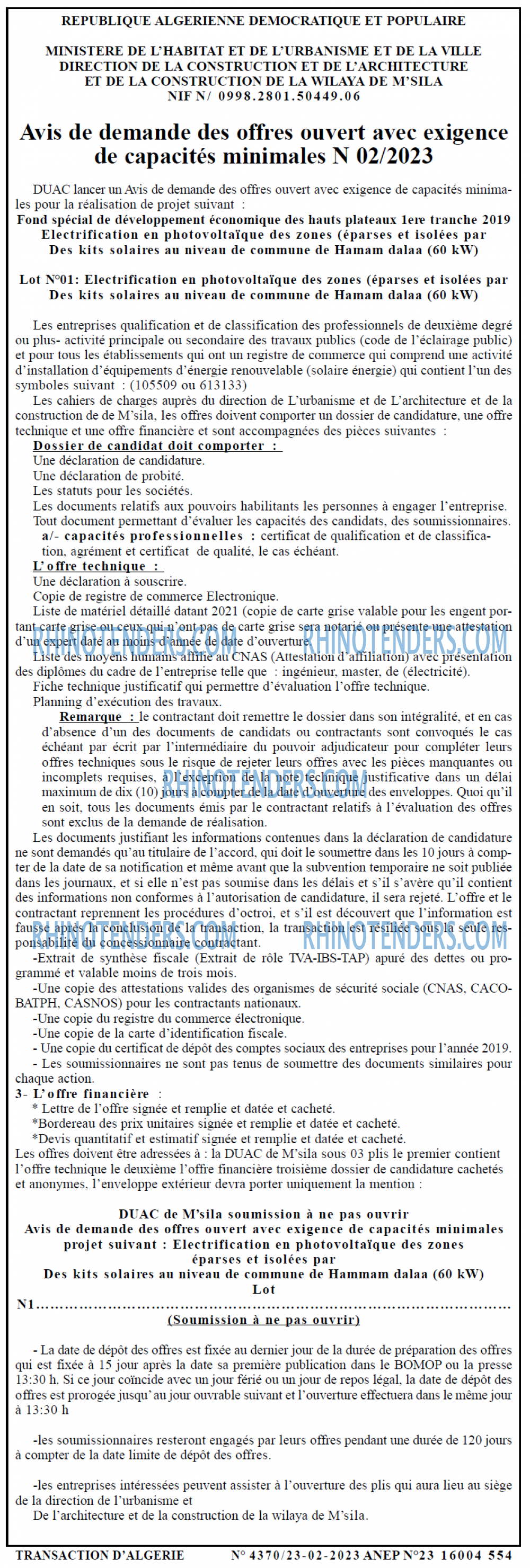 TRANSACTION D'ALGERIE