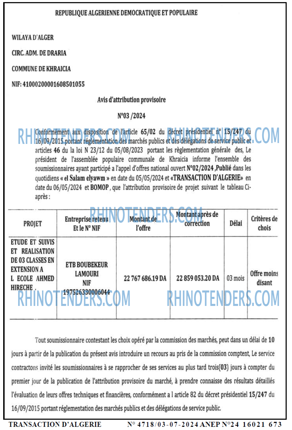 TRANSACTION D'ALGERIE