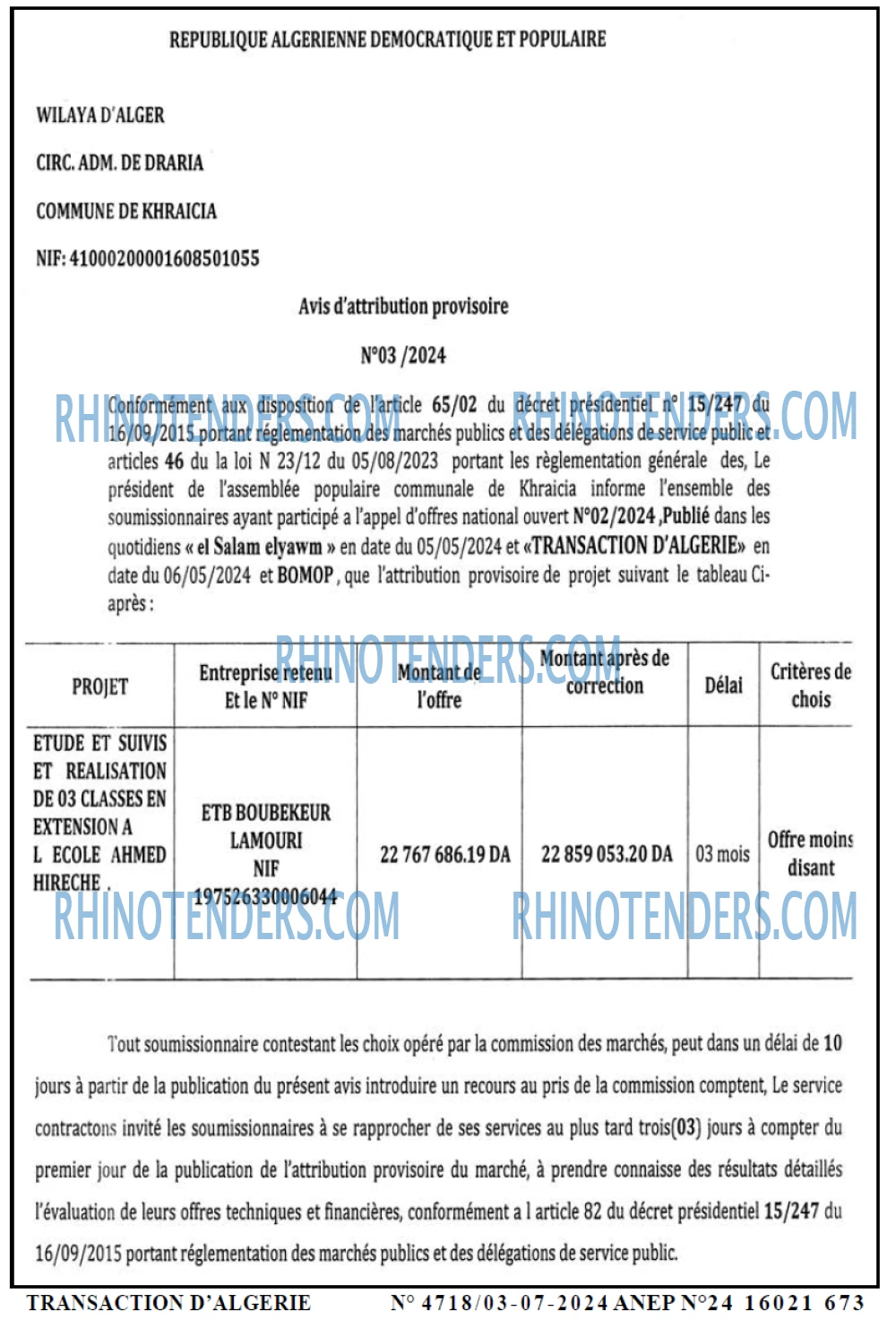 TRANSACTION D'ALGERIE