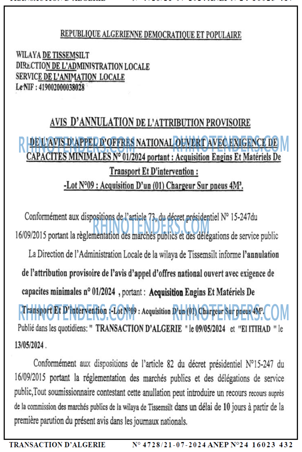 TRANSACTION D'ALGERIE