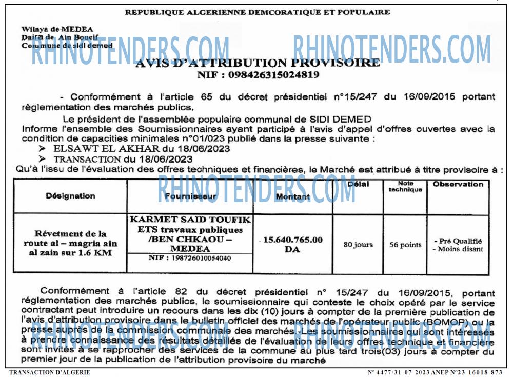 TRANSACTION D'ALGERIE
