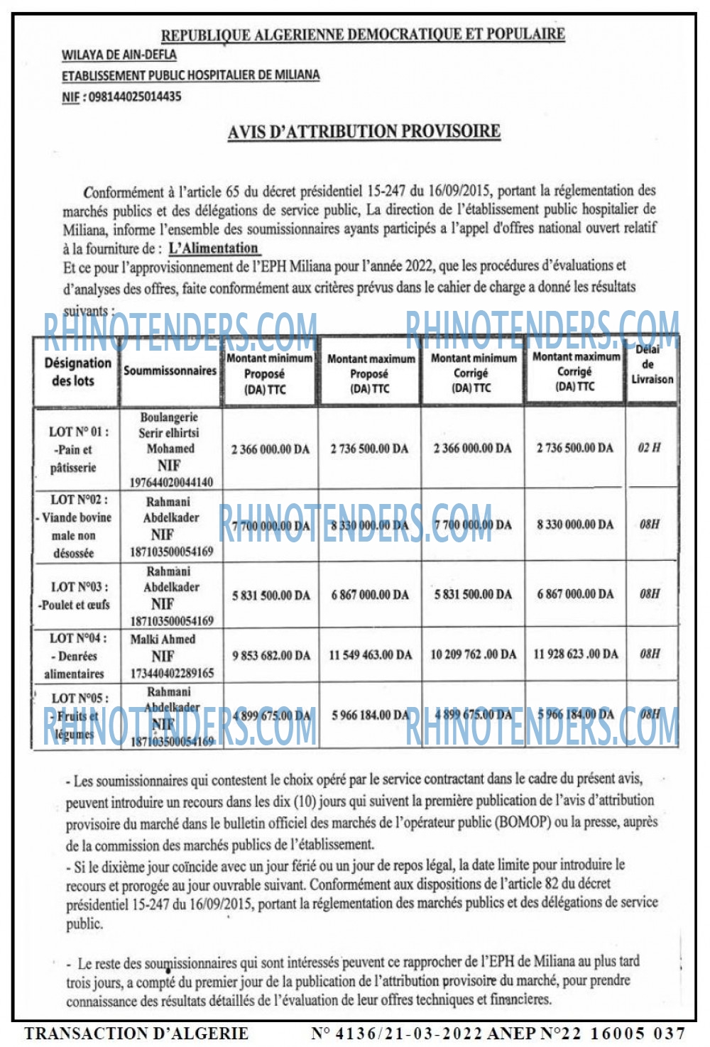 TRANSACTION D'ALGERIE