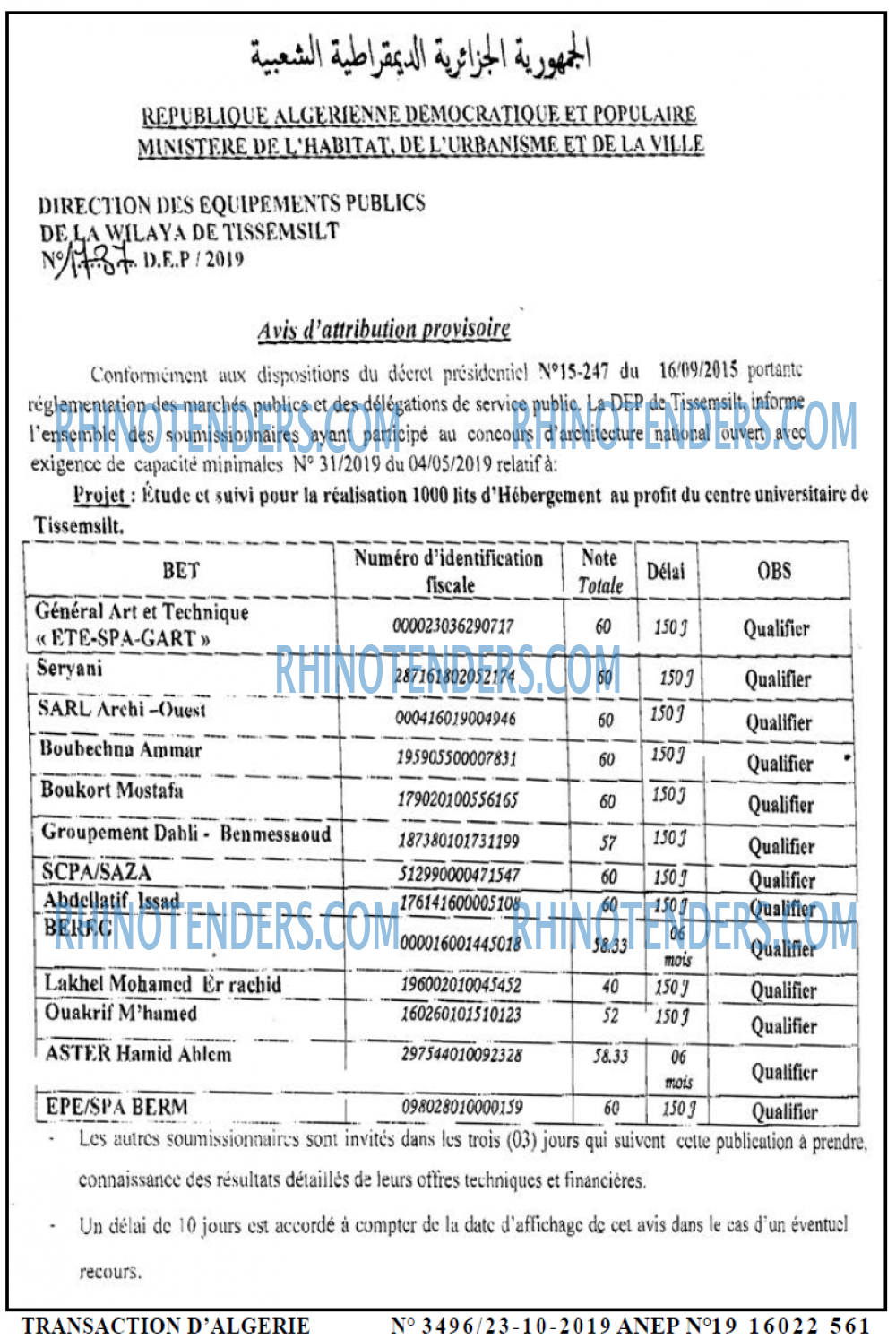 TRANSACTION D'ALGERIE