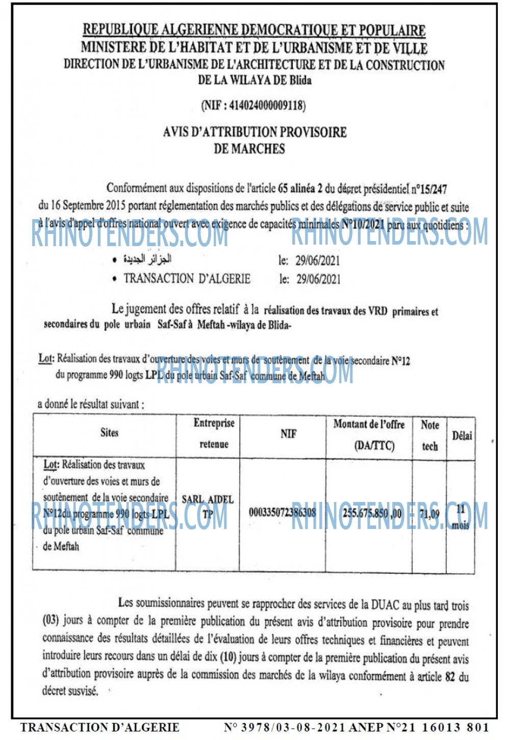 TRANSACTION D'ALGERIE