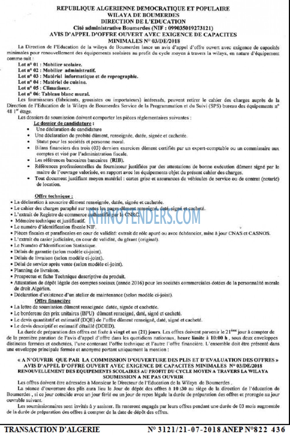 TRANSACTION D'ALGERIE