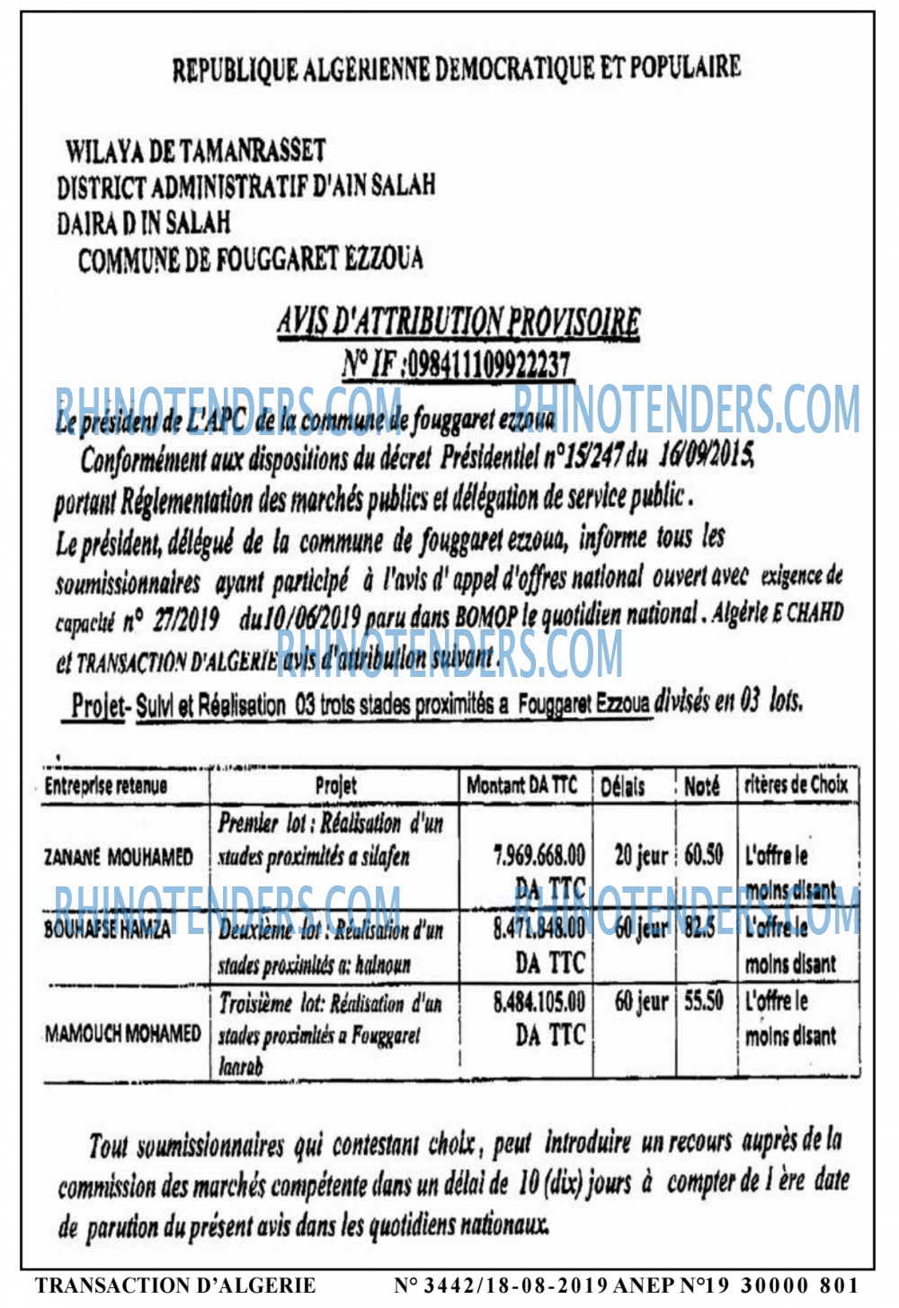 TRANSACTION D'ALGERIE