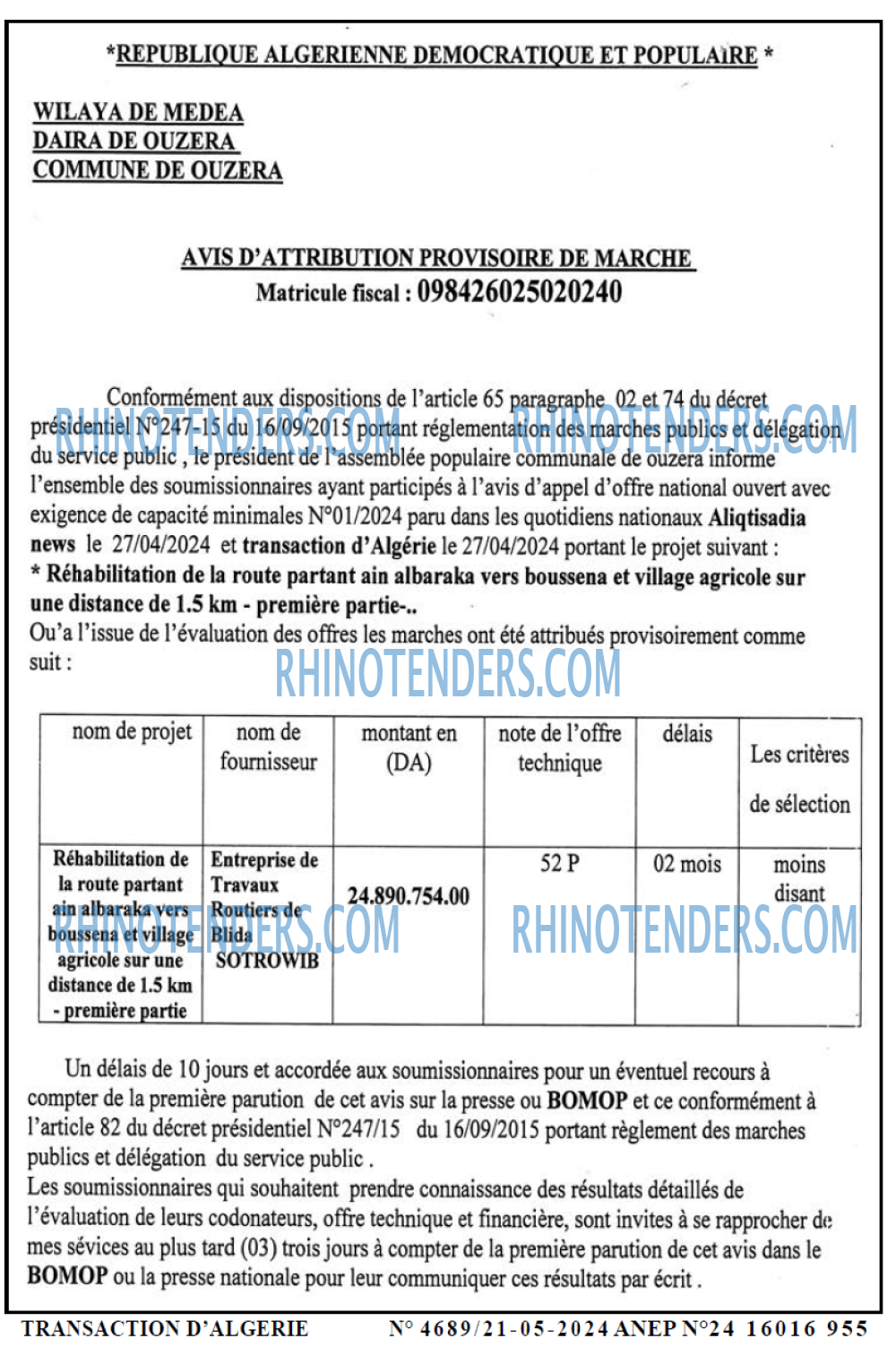 TRANSACTION D'ALGERIE