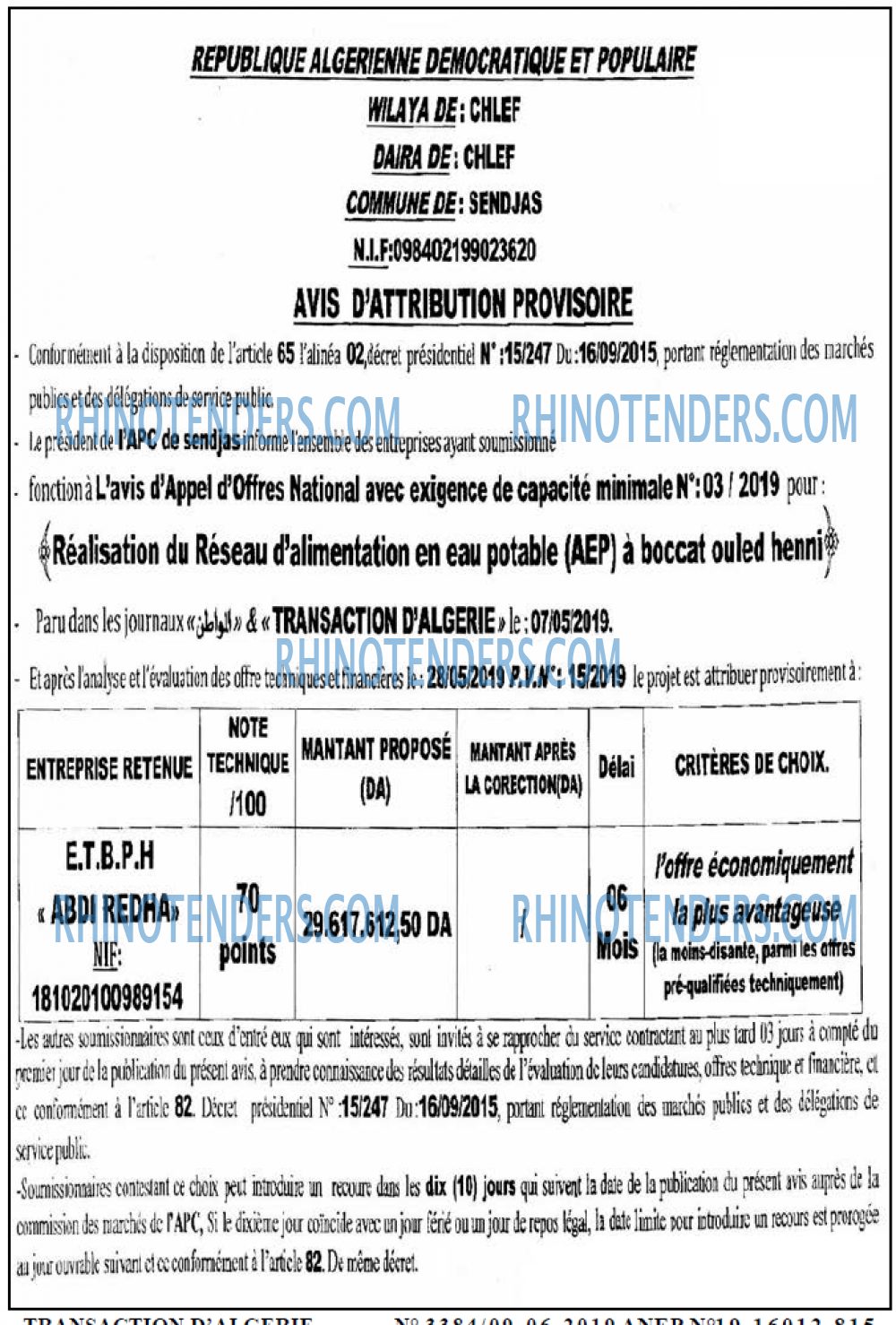 TRANSACTION D'ALGERIE