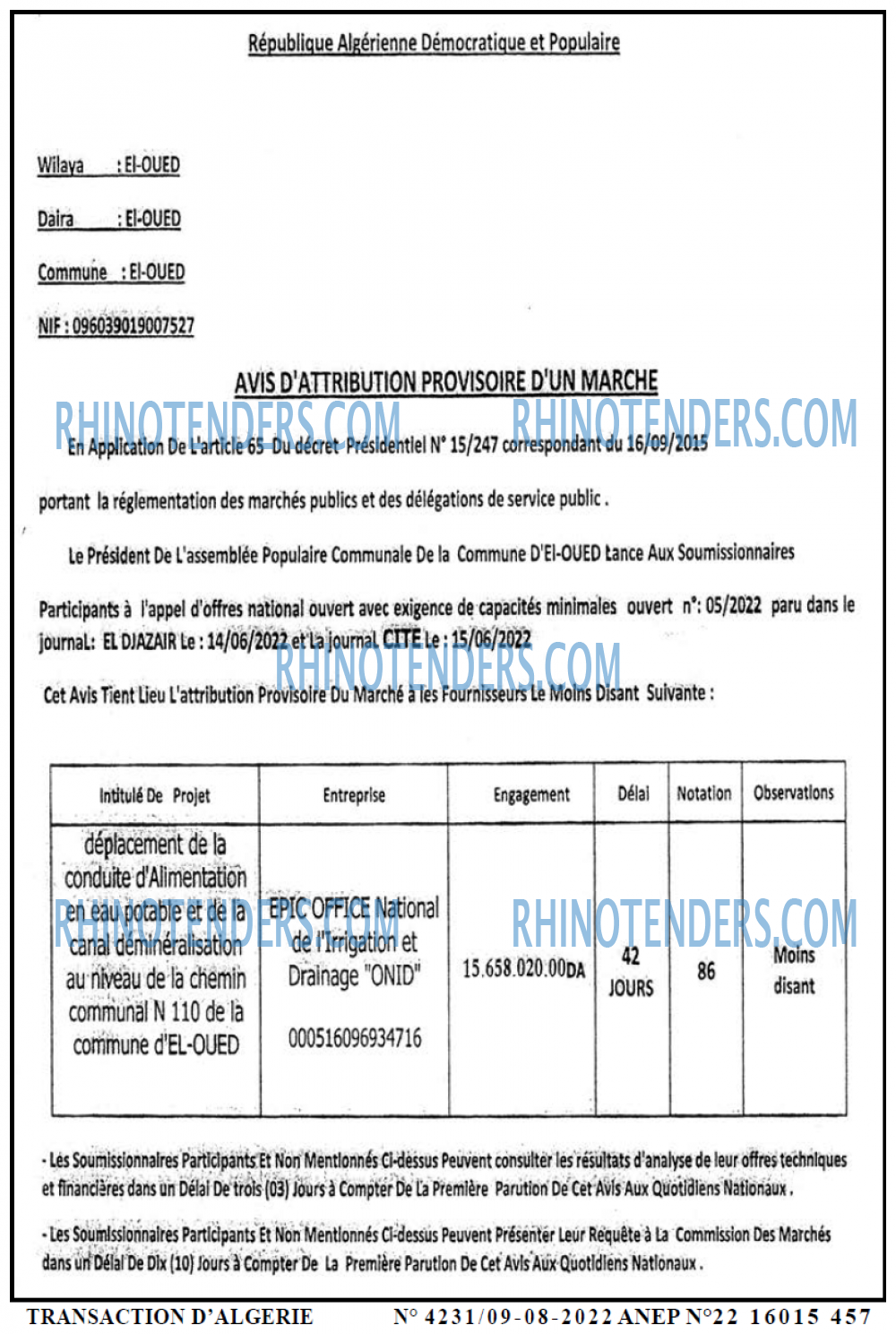 TRANSACTION D'ALGERIE