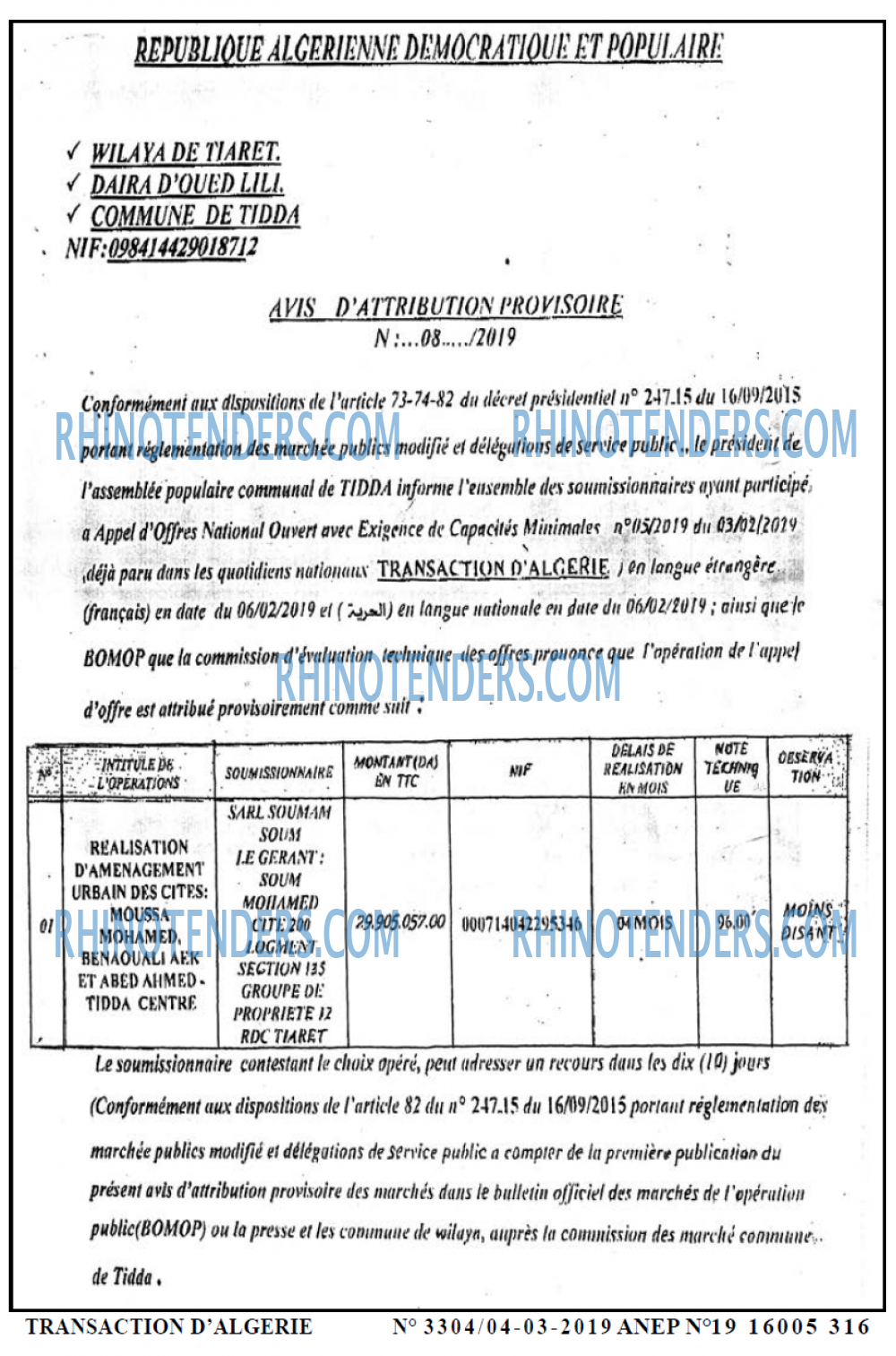 TRANSACTION D'ALGERIE