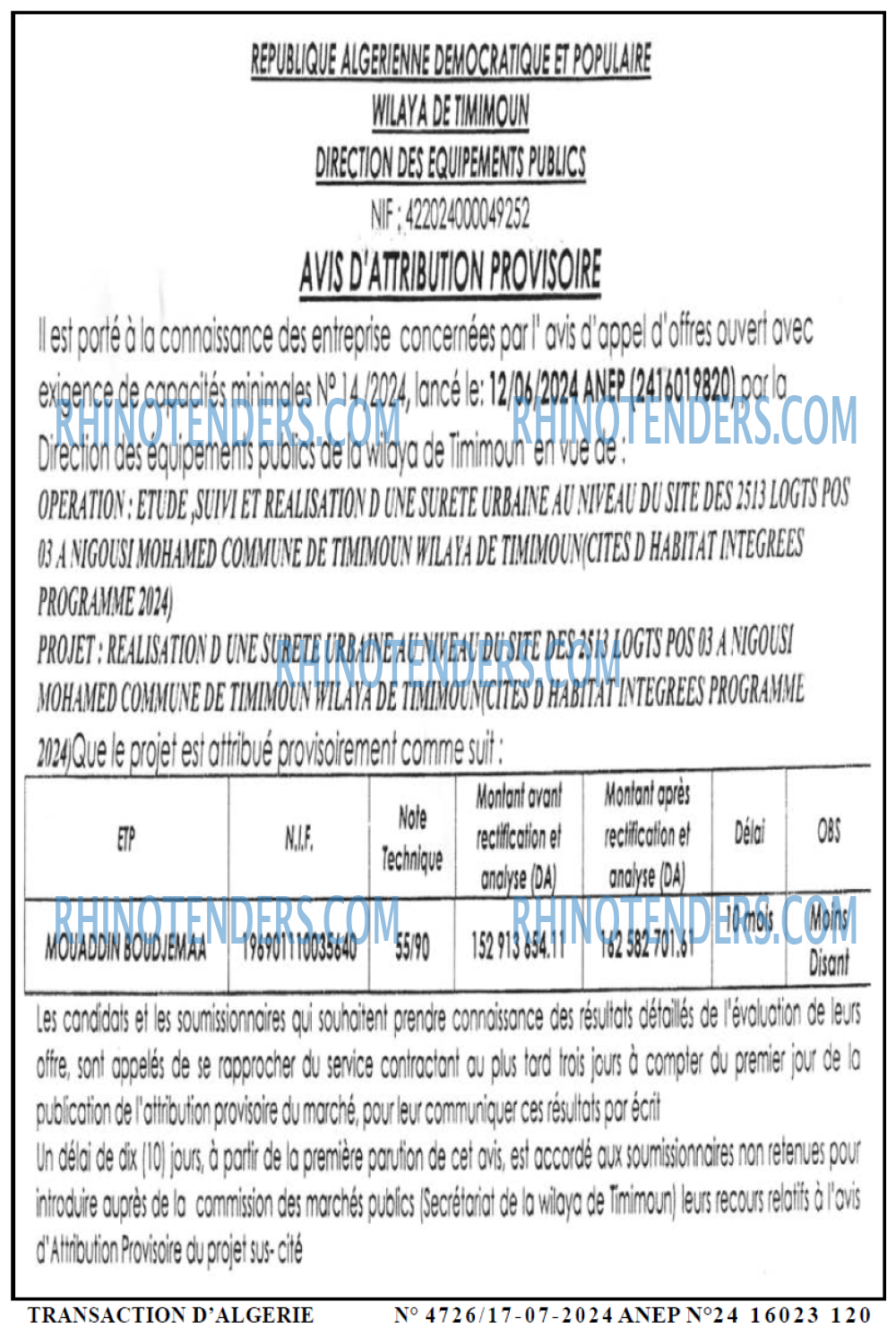 TRANSACTION D'ALGERIE