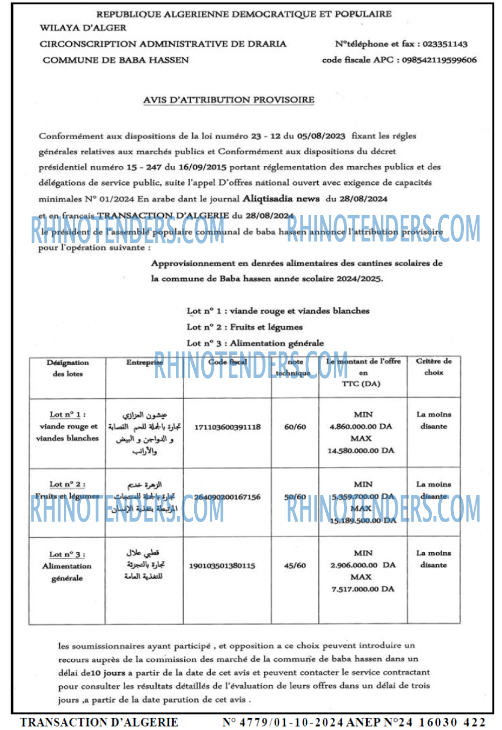 TRANSACTION D'ALGERIE