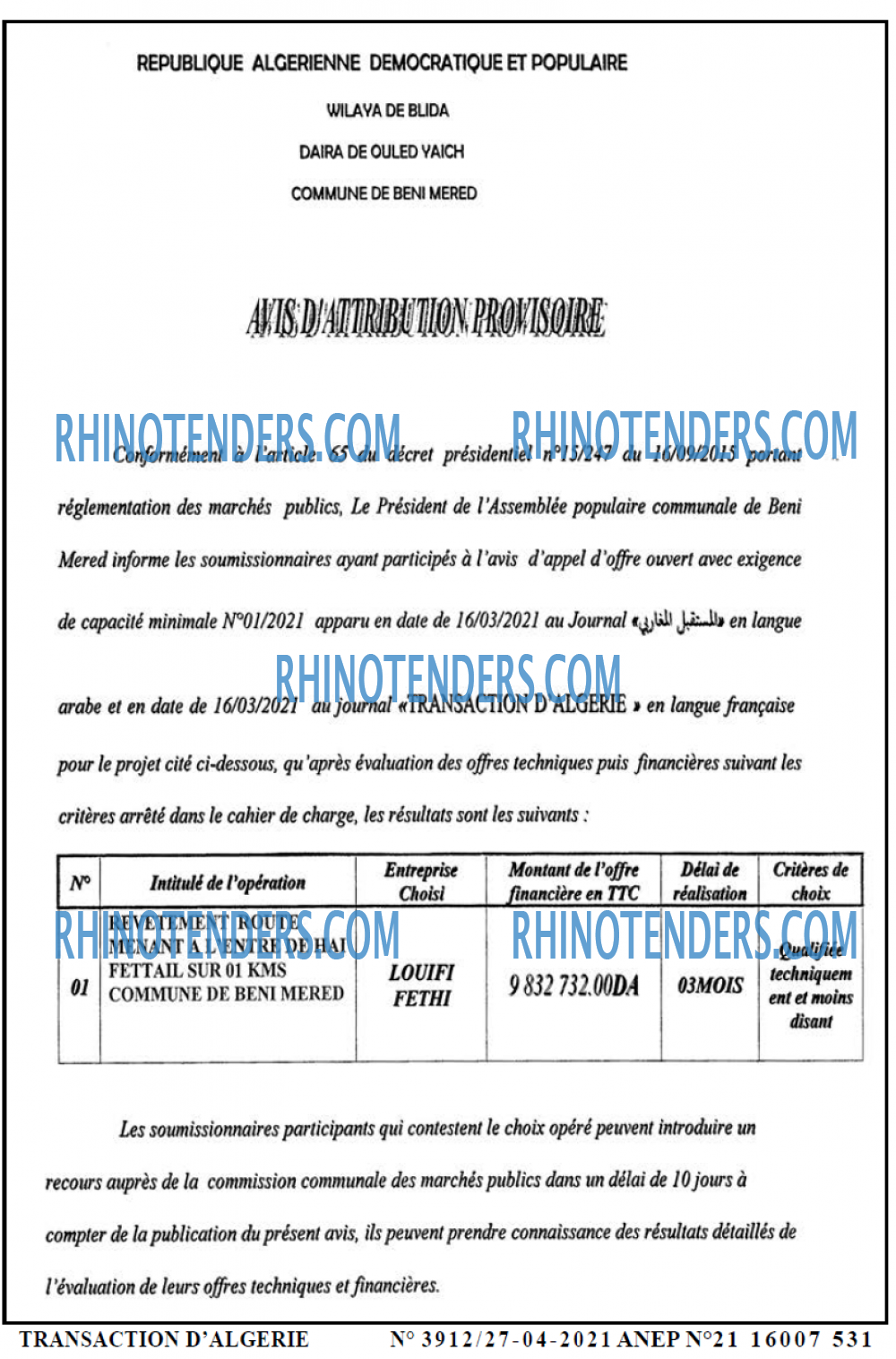 TRANSACTION D'ALGERIE