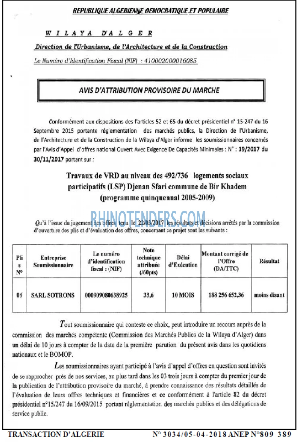 TRANSACTION D'ALGERIE