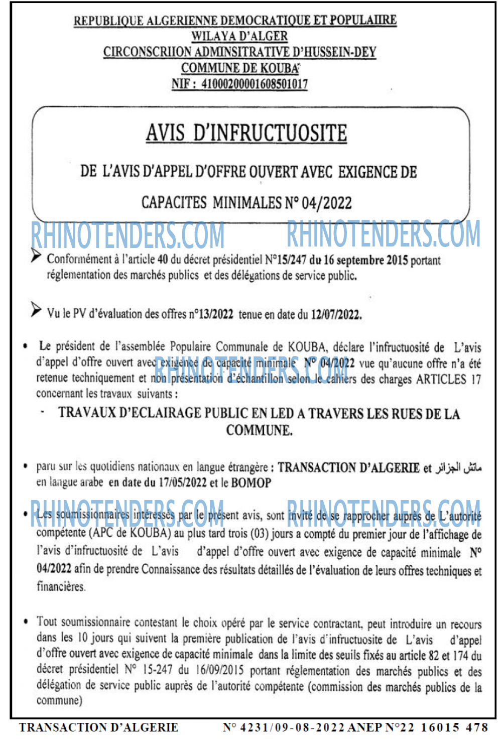 TRANSACTION D'ALGERIE
