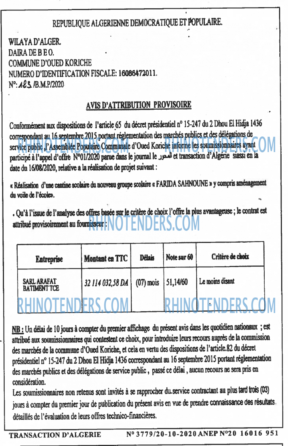 TRANSACTION D'ALGERIE