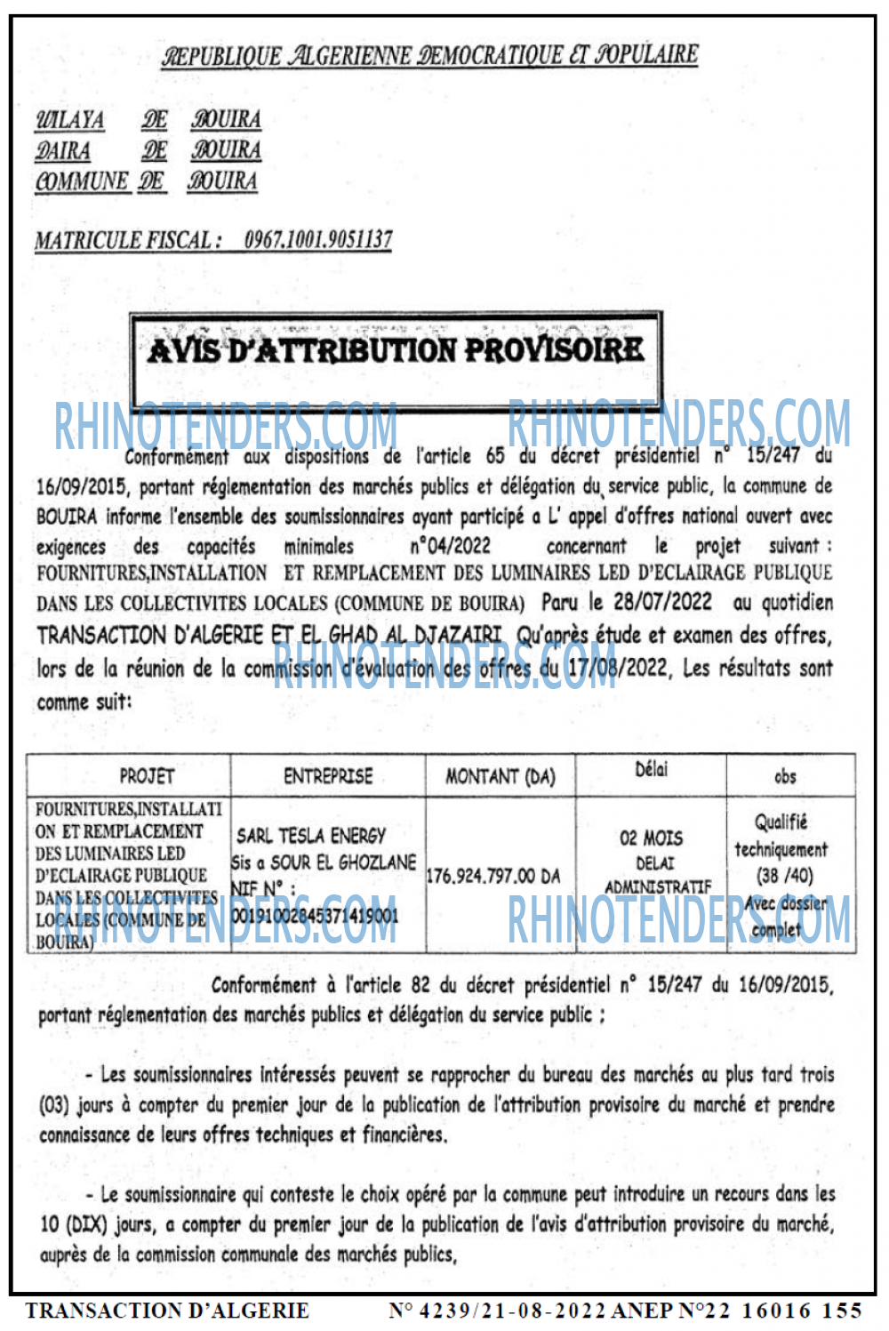 TRANSACTION D'ALGERIE