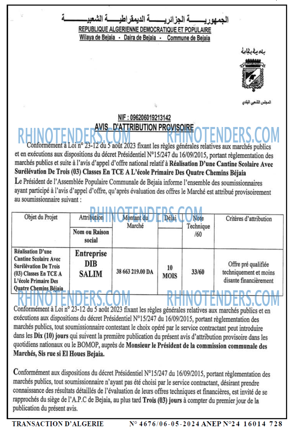 TRANSACTION D'ALGERIE