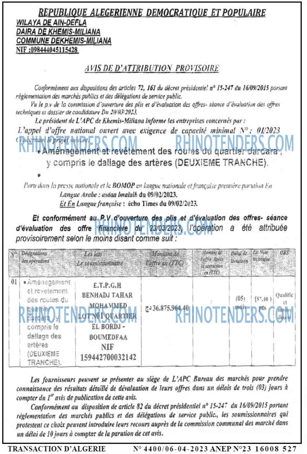 TRANSACTION D'ALGERIE