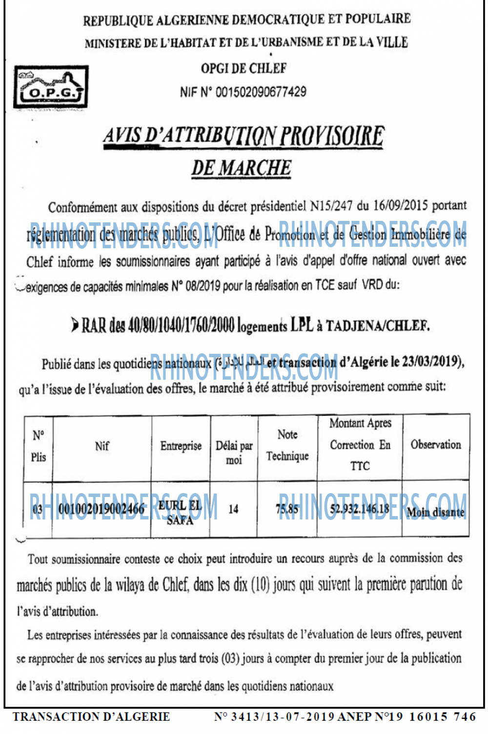 TRANSACTION D'ALGERIE
