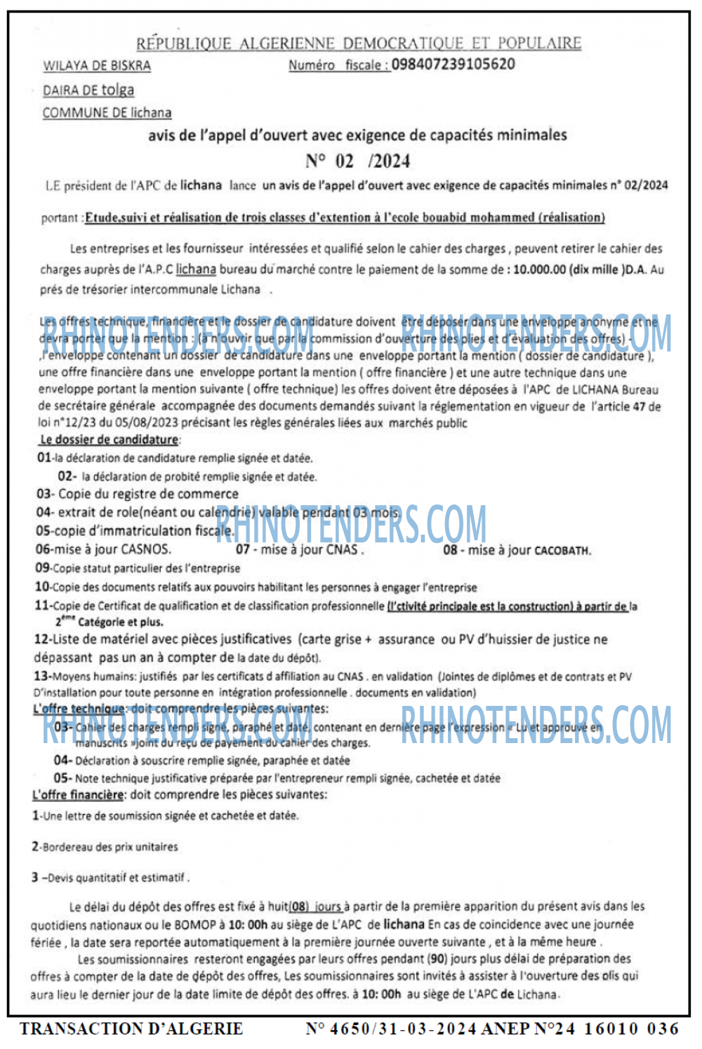 TRANSACTION D'ALGERIE