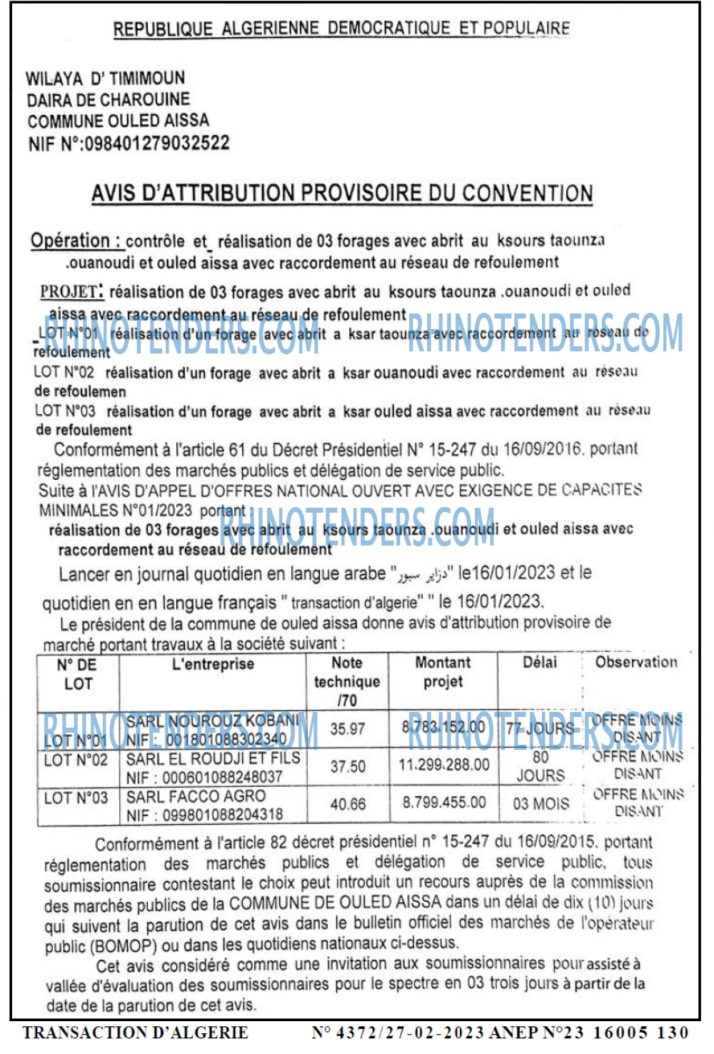TRANSACTION D'ALGERIE