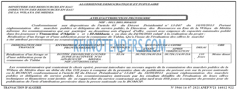 TRANSACTION D'ALGERIE