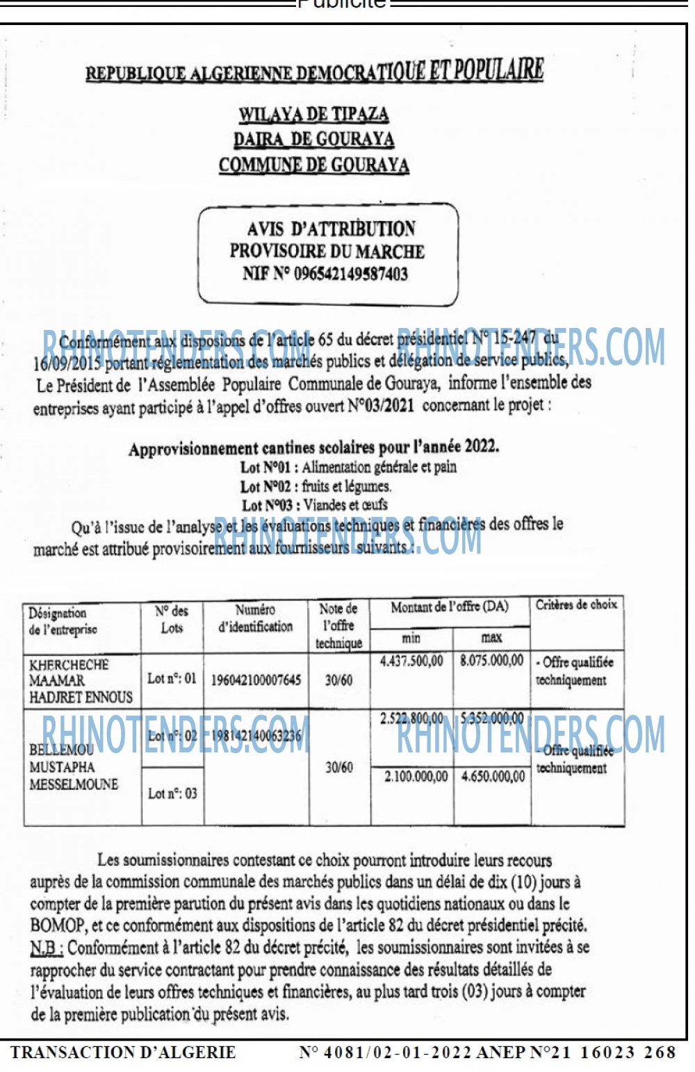 TRANSACTION D'ALGERIE