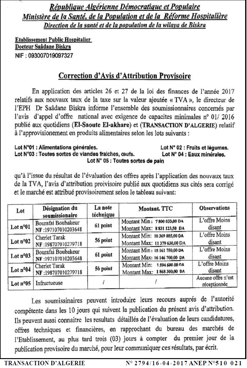 TRANSACTION D'ALGERIE