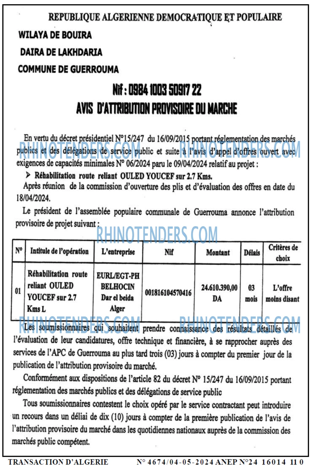 TRANSACTION D'ALGERIE