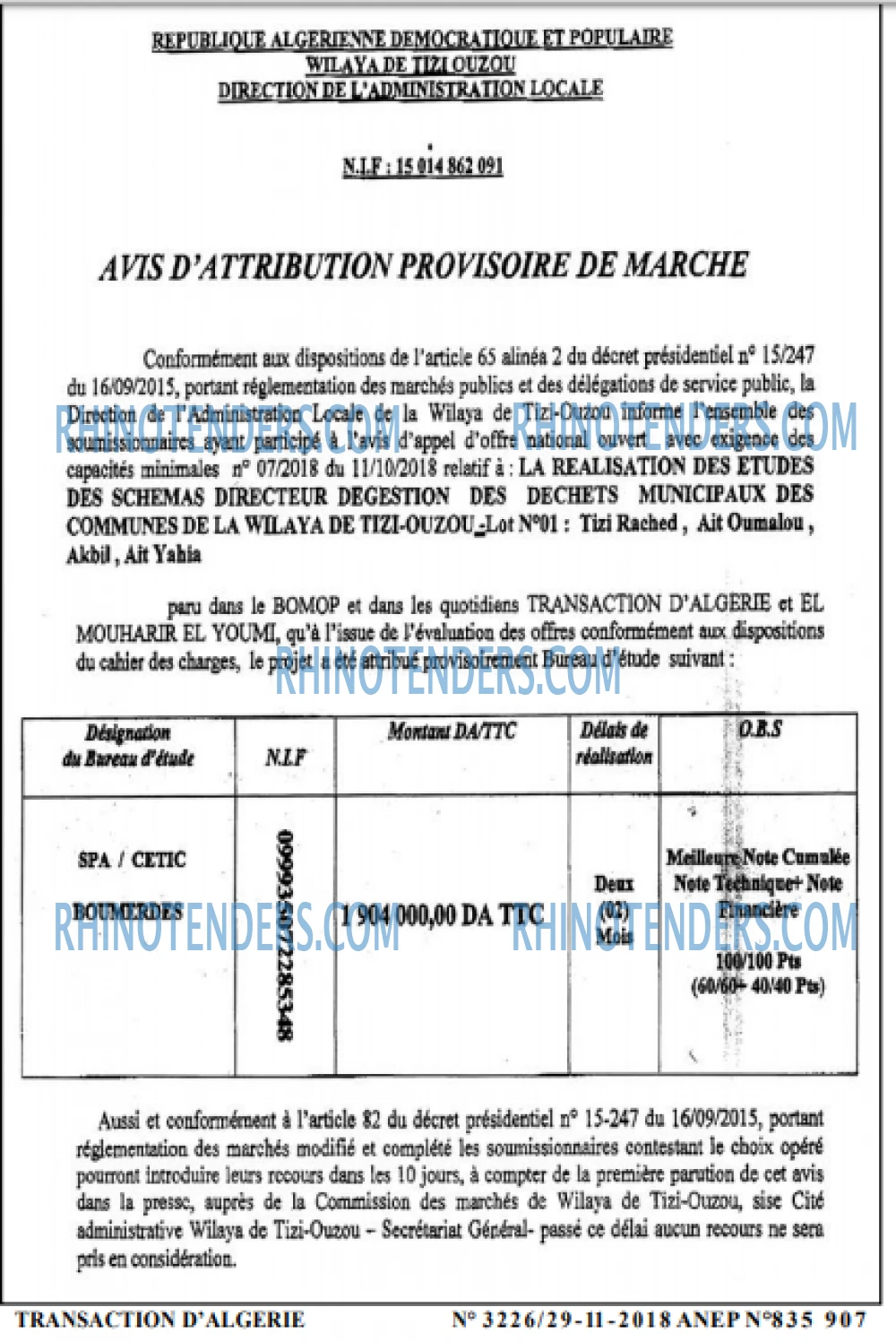 TRANSACTION D'ALGERIE