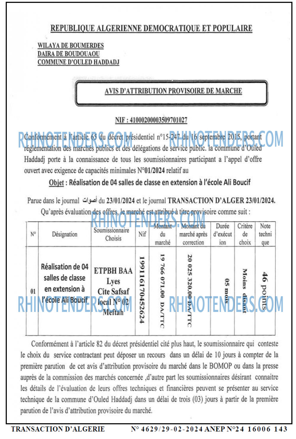 TRANSACTION D'ALGERIE