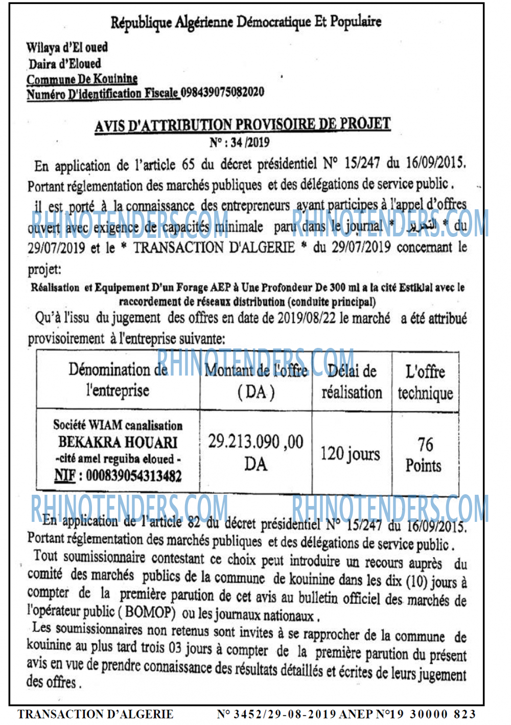 TRANSACTION D'ALGERIE